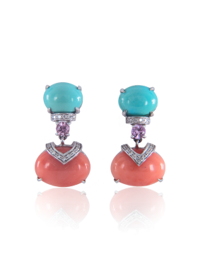 Turquoise and Coral Earrings set with Pink Sapphire and White Diamonds