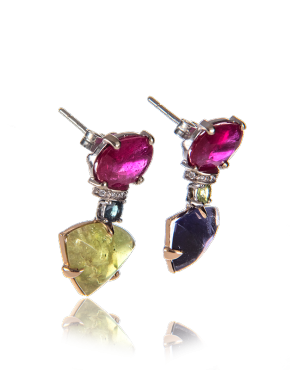 Ruby, Cordierite and Titanite Earrings