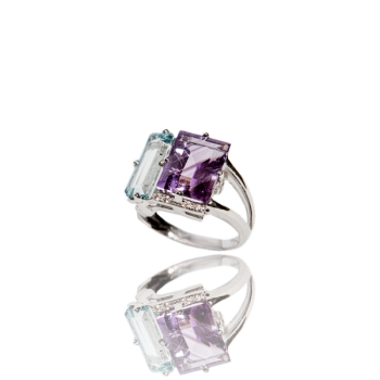 Amethyst Topaz White Diamond Cocktail Ring 18kt White Gold Made in Italy