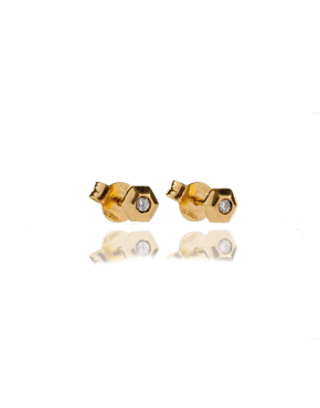 Hexagon White Diamond Yellow Gold Earrings