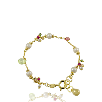 Multistone and White Pearl 18kt Yellow Gold Bracelet