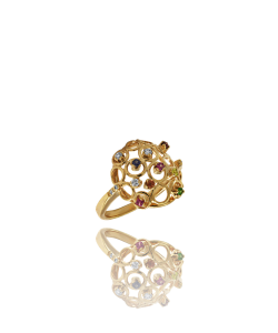 White Diamond, Sapphire, Emerald 18k Yellow Gold Ring