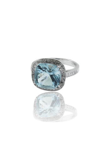 Aquamarine and White Diamond Surround Engagament Ring Made in Italy