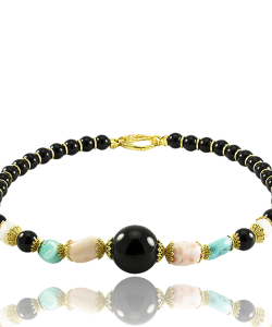 Agate, Turquoise and Rose Coral 18k Yellow Gold Necklace