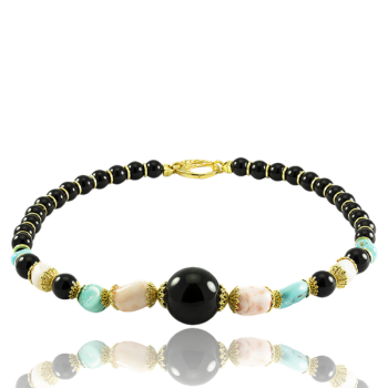 Black Onyx Turquoise and Pink Italian Coral Necklace in 18kt Gold Made in Italy