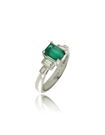 Emerald and White Diamond Five Stone Ring Made in Italy