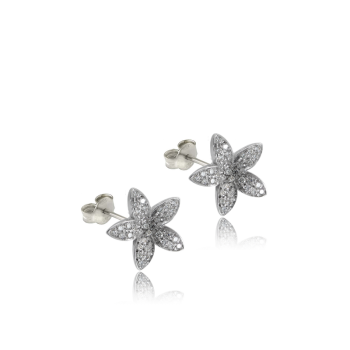 White Diamond Flower Earrings 18k White Gold Made in Italy