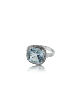 Aquamarine and White Diamond Halo Ring