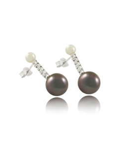 White Pearl, White Diamonds and Grey Pearl Earrings