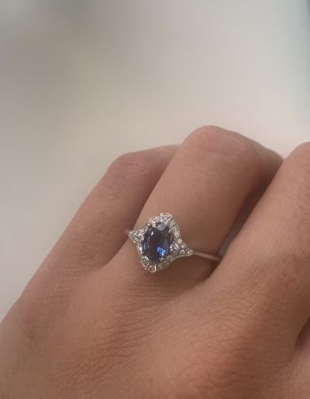 Blue Sapphire White Diamond Surround Engagement Cocktail Ring Made in Italy