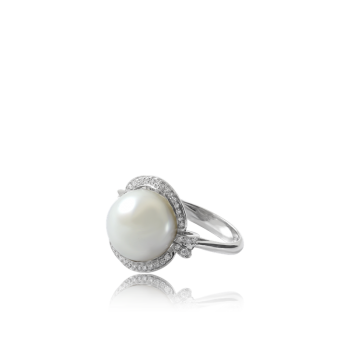 White Pearl ring with White Diamond Baroque surround