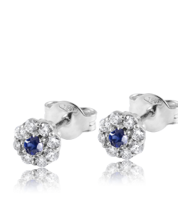 Blue Sapphire White Diamond Halo Flower Earrings