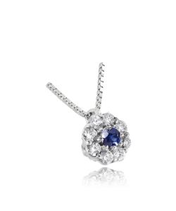 Blue Sapphire and White Diamond Halo Flower Necklace Made in Italy