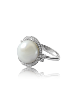 White Pearl and White Diamond surround Cocktail Ring set in 18kt White Gold