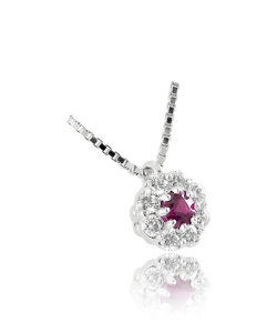 Ruby and White Diamond Halo Flower surround Necklace