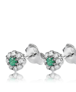 Green Emerald and White Diamond Halo Flower Earring Studs